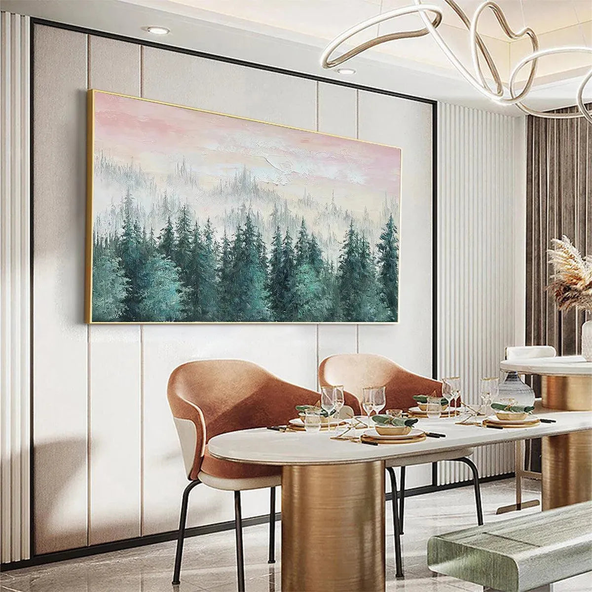 Pink Sky & Green Forest Canvas Wall Art | Panoramic Landscape #AA 333