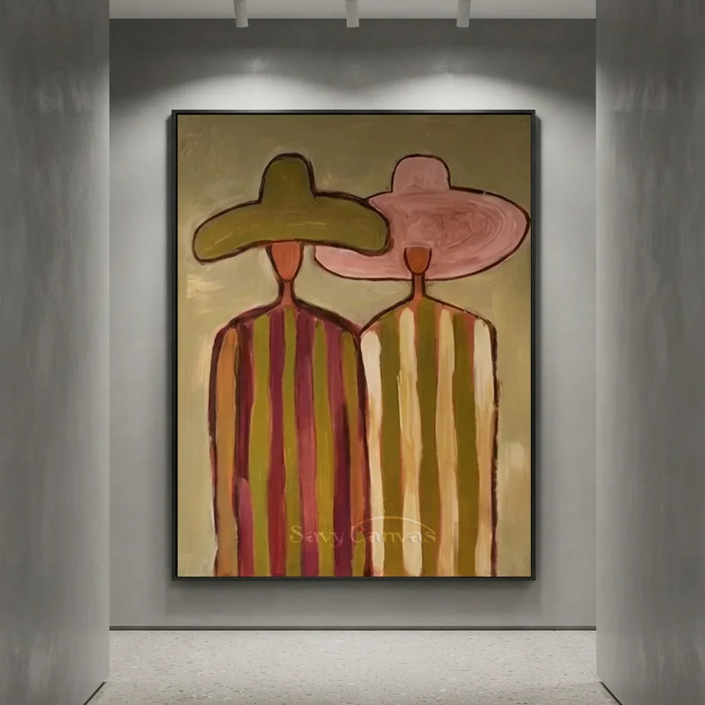 100% handmade minimalism figurative oil painting featuring two elegant figures in hats with earth tones, framed in a sleek black border by Savy Canvas.