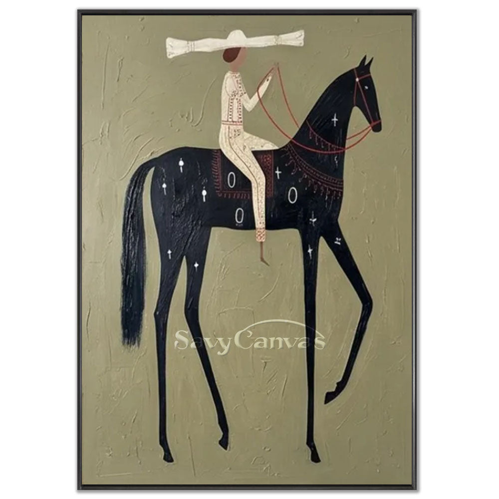 A 100% handmade modernist abstract oil painting featuring a textured sage green background, depicting a stylized black stallion with elongated legs and white cross markings, ridden by a figure wearing a large wide-brimmed white hat holding bright red reins.