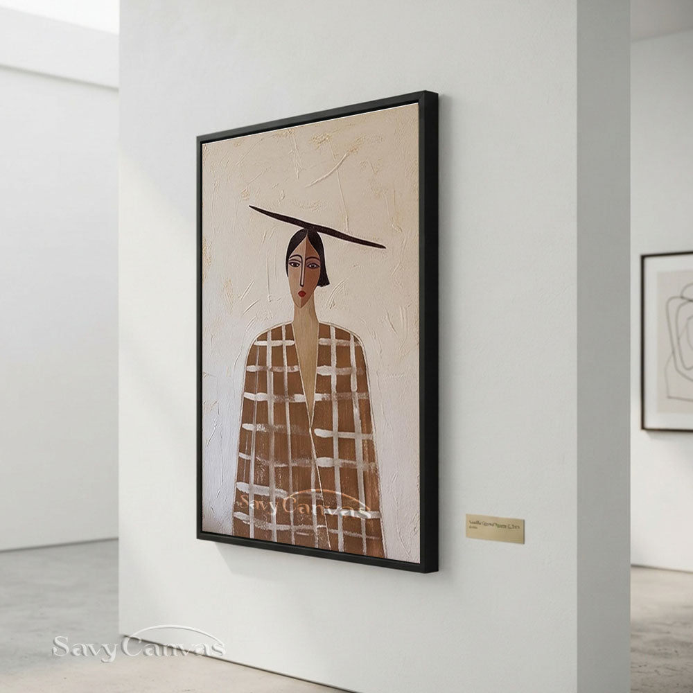 Retro Earthy Brown Plaid Coat Woman Portrait Painting #SS 215
