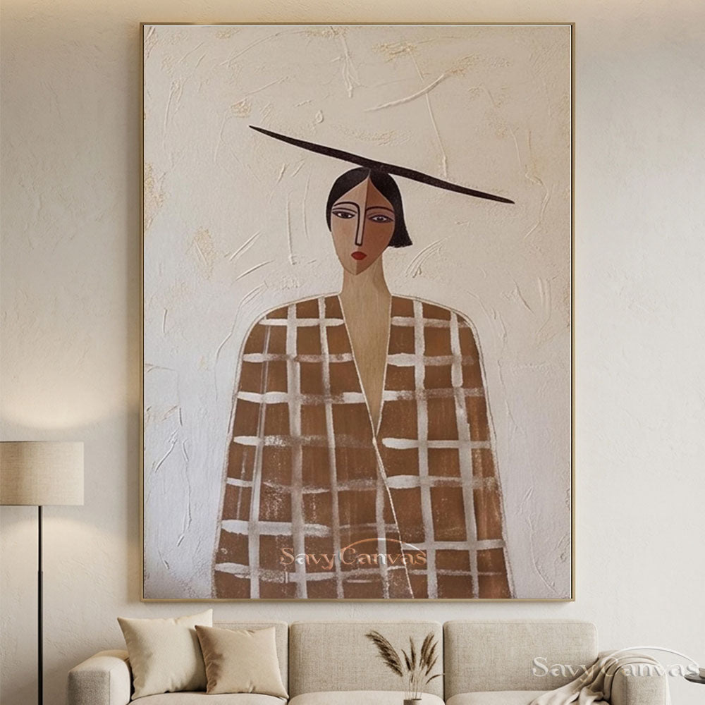 Retro Earthy Brown Plaid Coat Woman Portrait Painting #SS 215