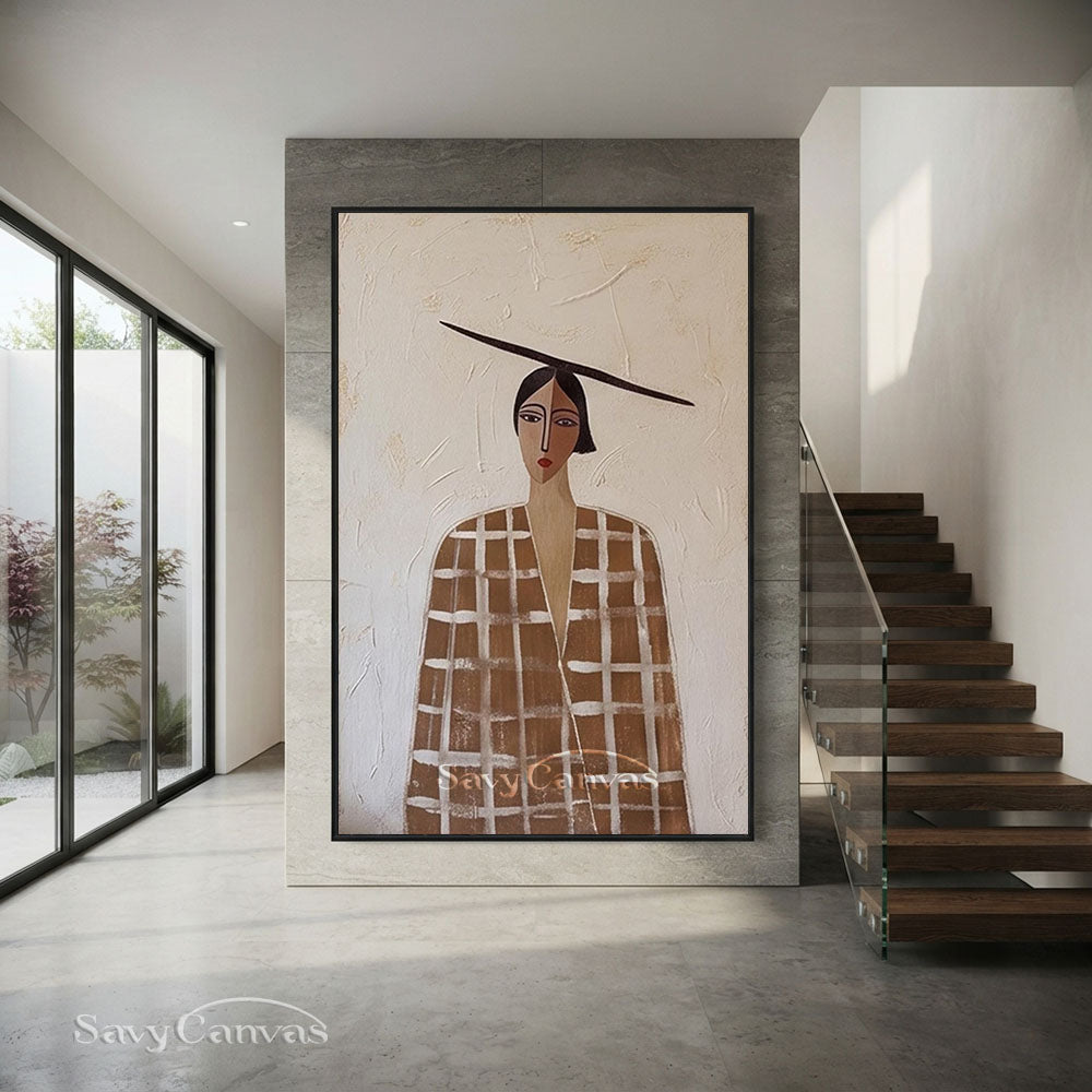 Retro Earthy Brown Plaid Coat Woman Portrait Painting #SS 215