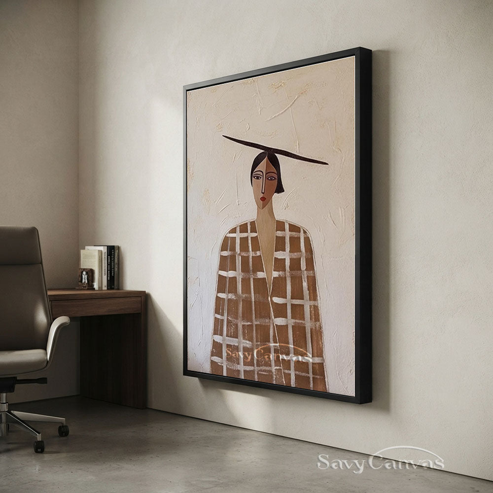 Retro Earthy Brown Plaid Coat Woman Portrait Painting #SS 215