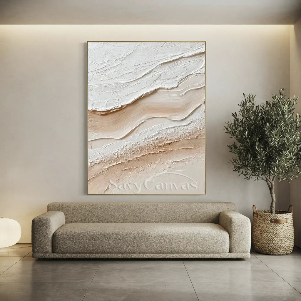 Hand-painted minimalist 3D textured abstract oil painting with heavy impasto wave strokes in cream white and warm beige for modern home decor