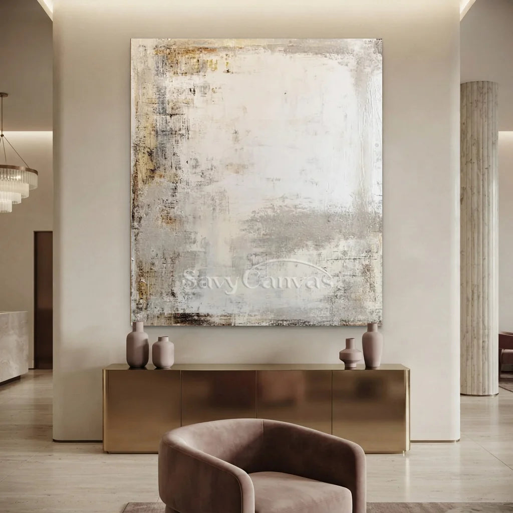 Hand-painted Wabi Sabi minimalist abstract oil painting featuring distressed textures in soft cream, beige, and earthy brown for modern wall decor