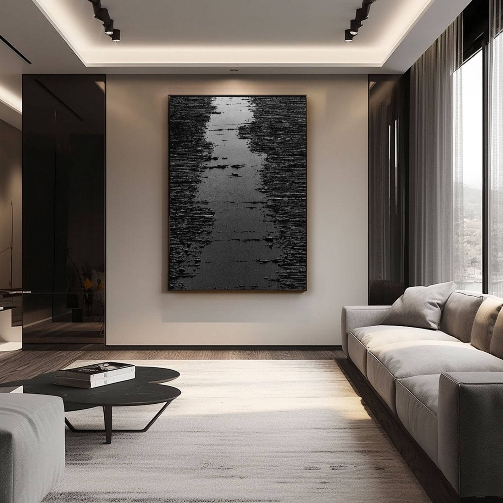 Modern Black Textured Abstract Painting | "Midnight Path" for Wall Decor #TC 169