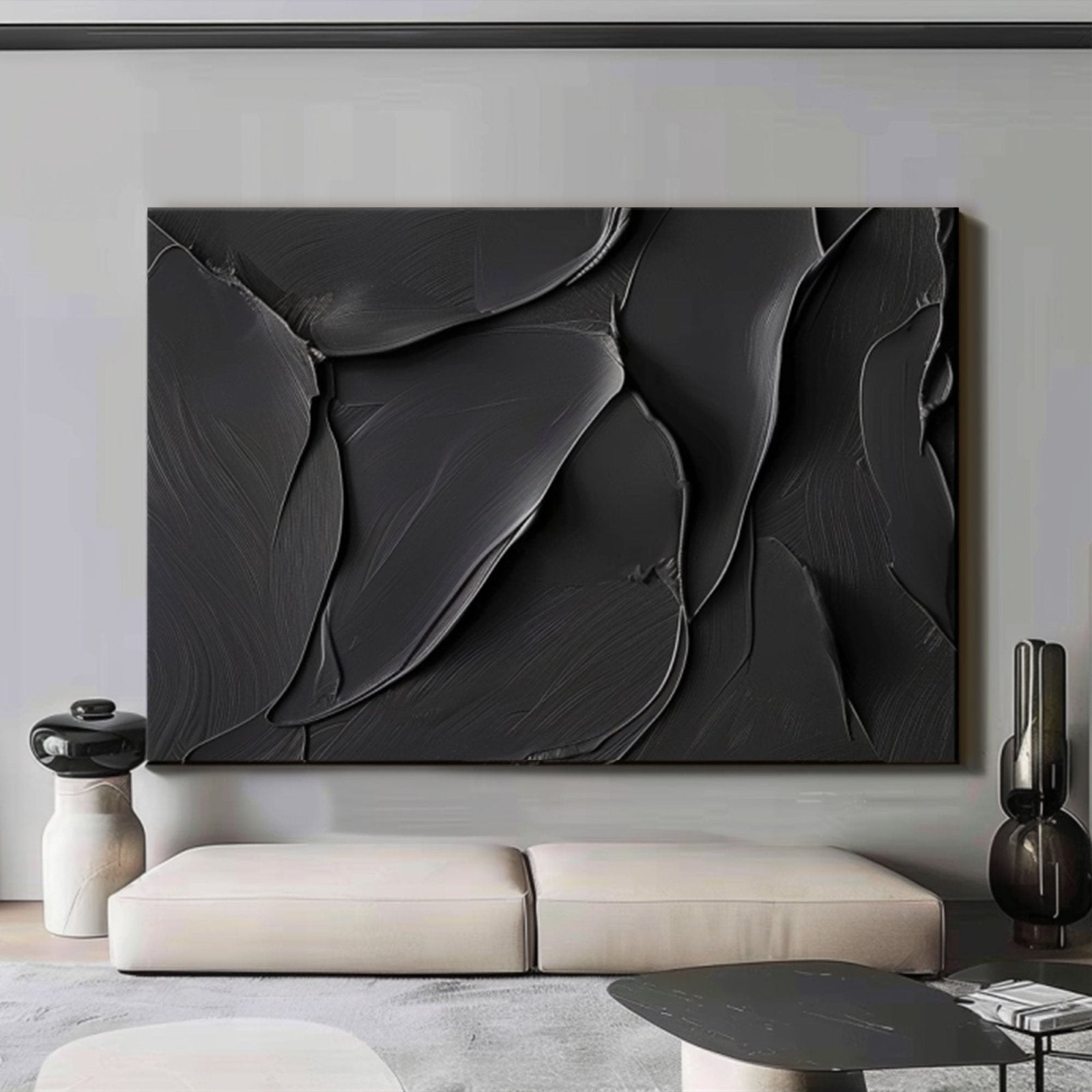 Minimalist Black Textured Oil Painting | "Eternal Embrace"#TC 170