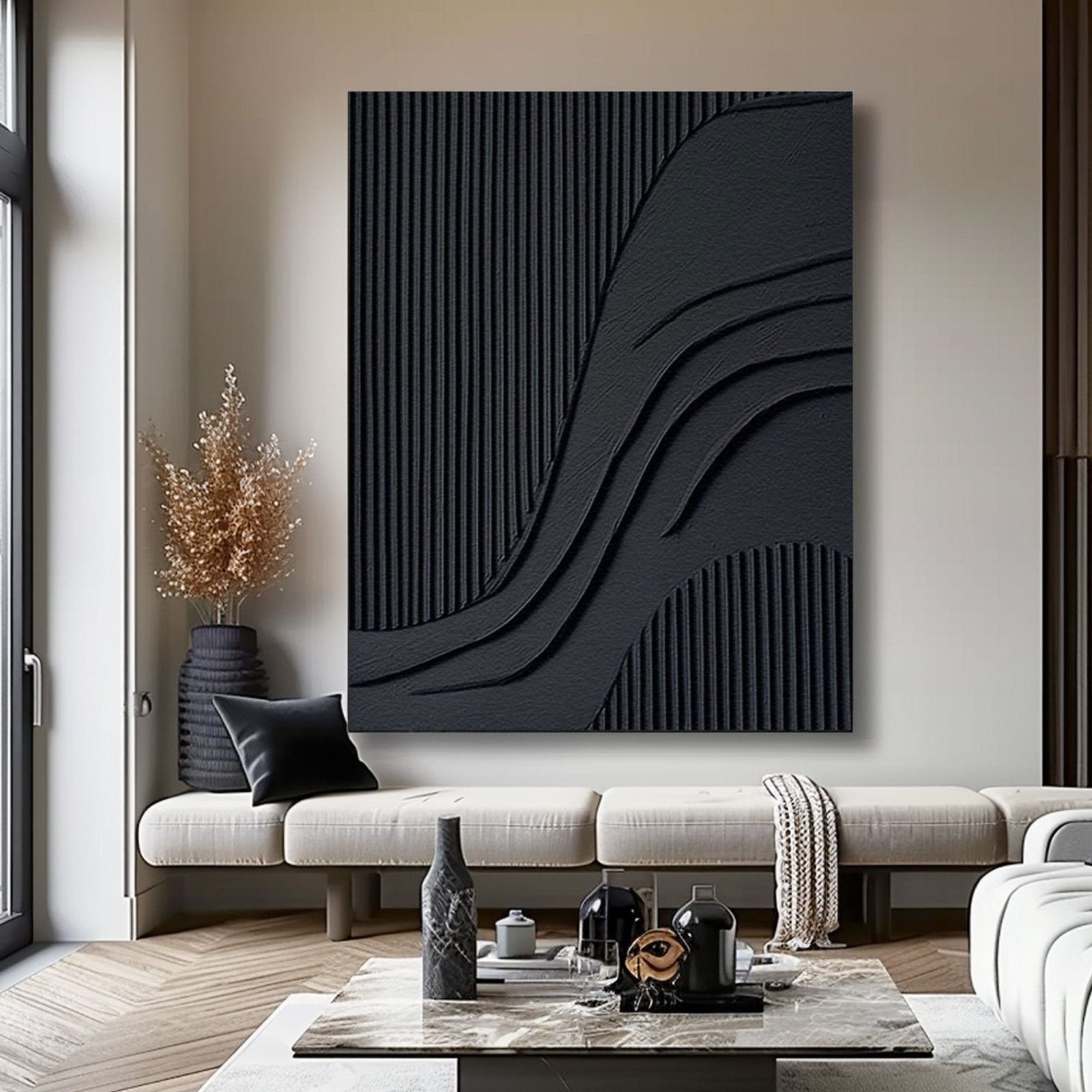 Modern Minimalist Black Textured Wall Art – Handcrafted Abstract Canvas #TC 172