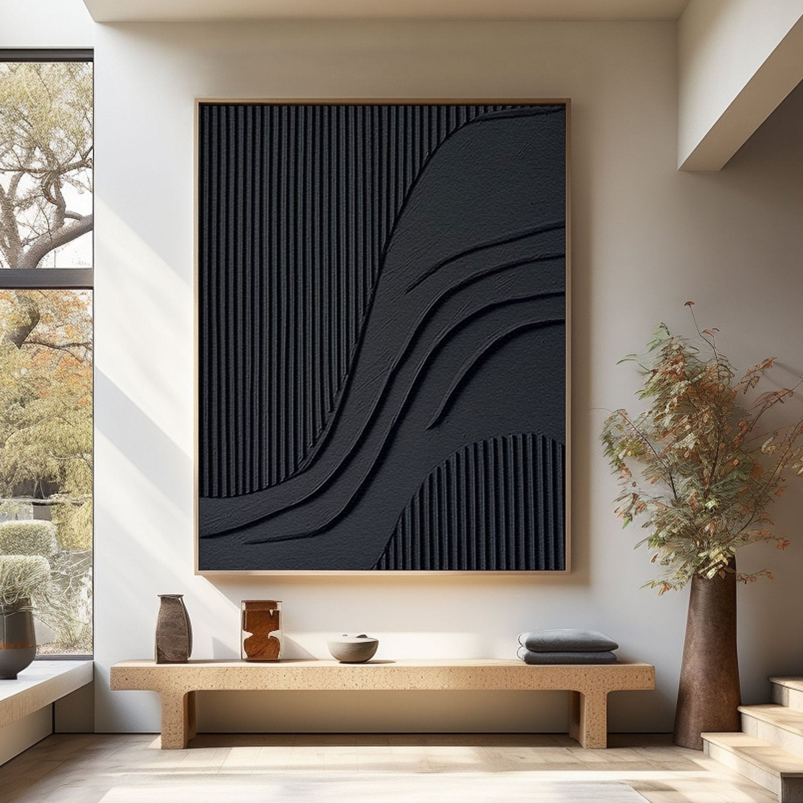 Modern Minimalist Black Textured Wall Art – Handcrafted Abstract Canvas #TC 172