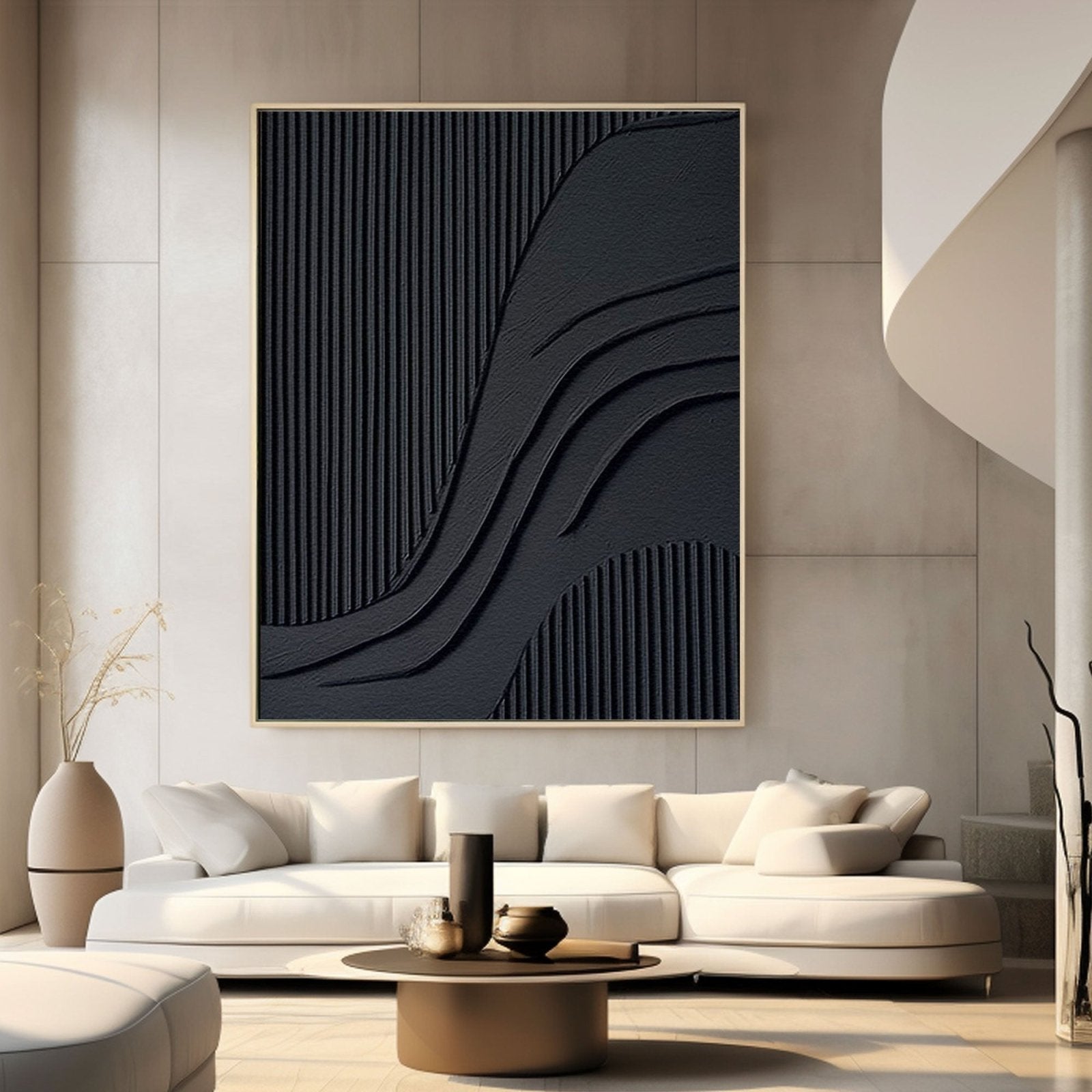 Elegant Black Relief Art – Abstract Canvas Painting with Modern Texture