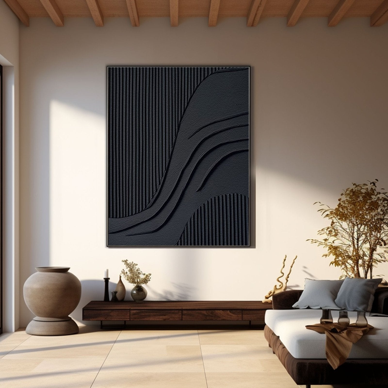 Modern Minimalist Black Textured Wall Art – Handcrafted Abstract Canvas #TC 172