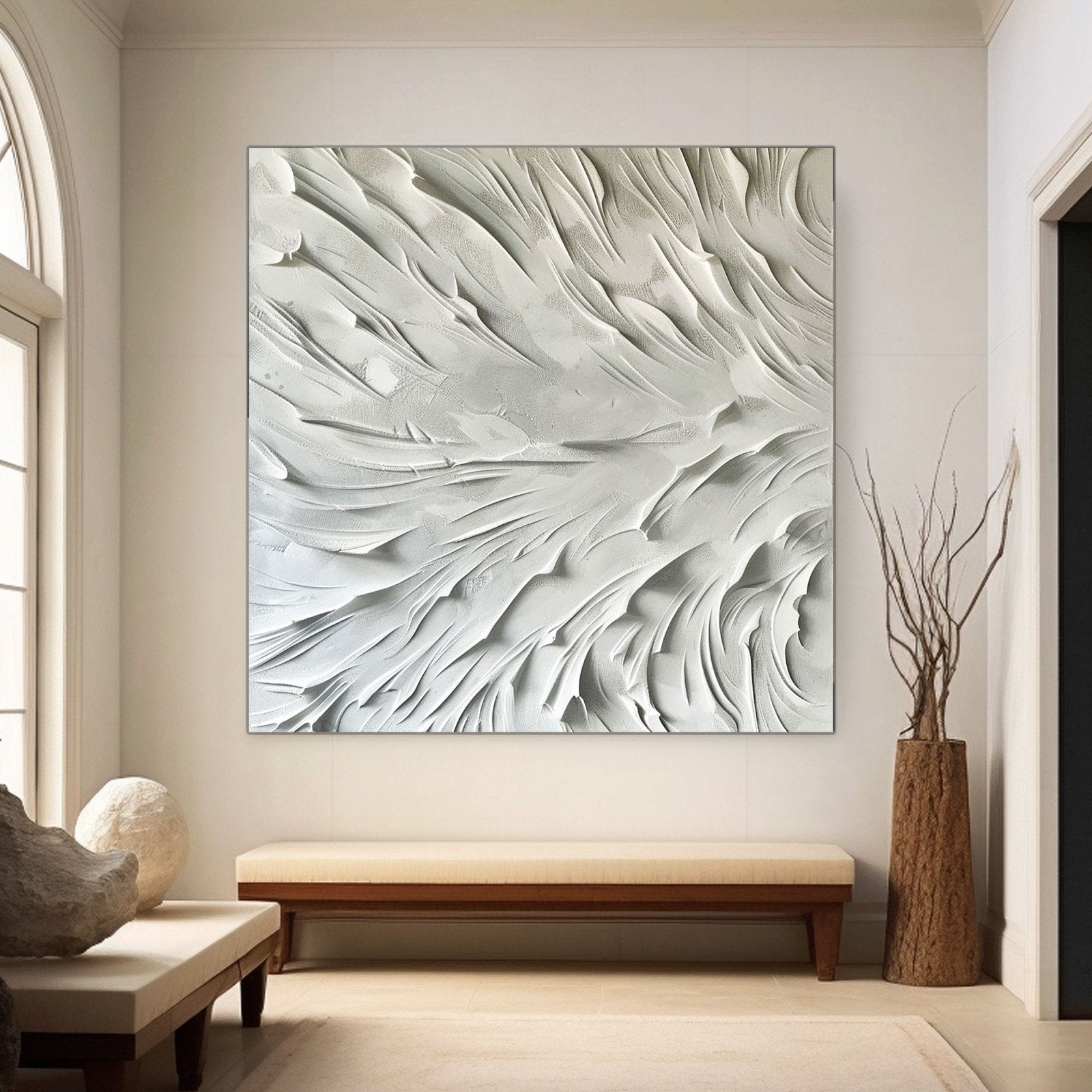 Minimalist White Plaster Wall Art – Handcrafted Abstract Flow Texture #TC 173