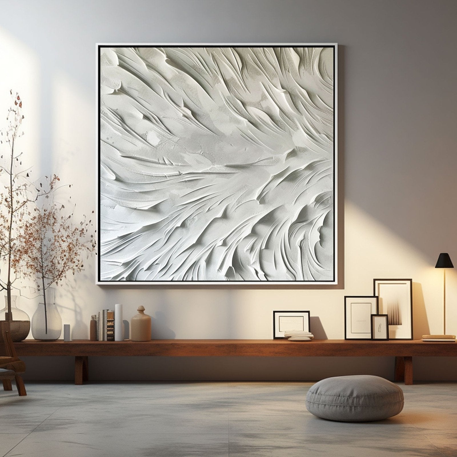 Minimalist White Plaster Wall Art – Handcrafted Abstract Flow Texture #TC 173