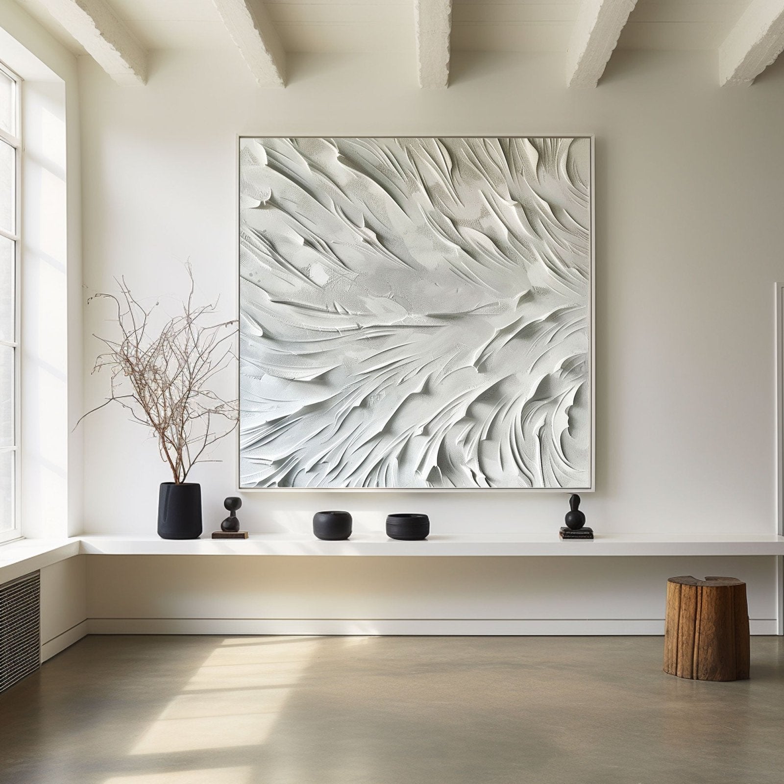 Minimalist White Plaster Wall Art – Handcrafted Abstract Flow Texture #TC 173