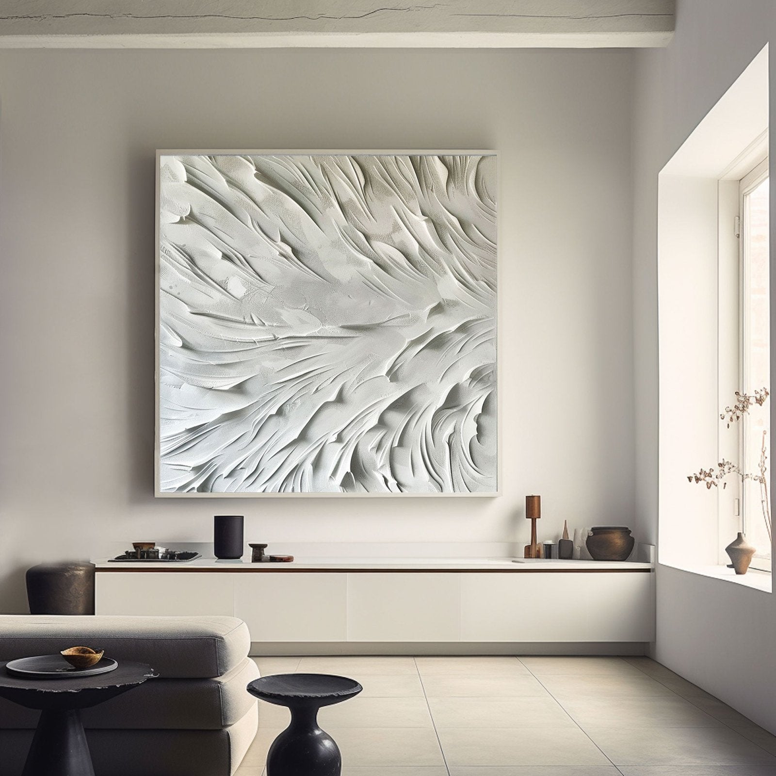 Minimalist White Plaster Wall Art – Handcrafted Abstract Flow Texture #TC 173