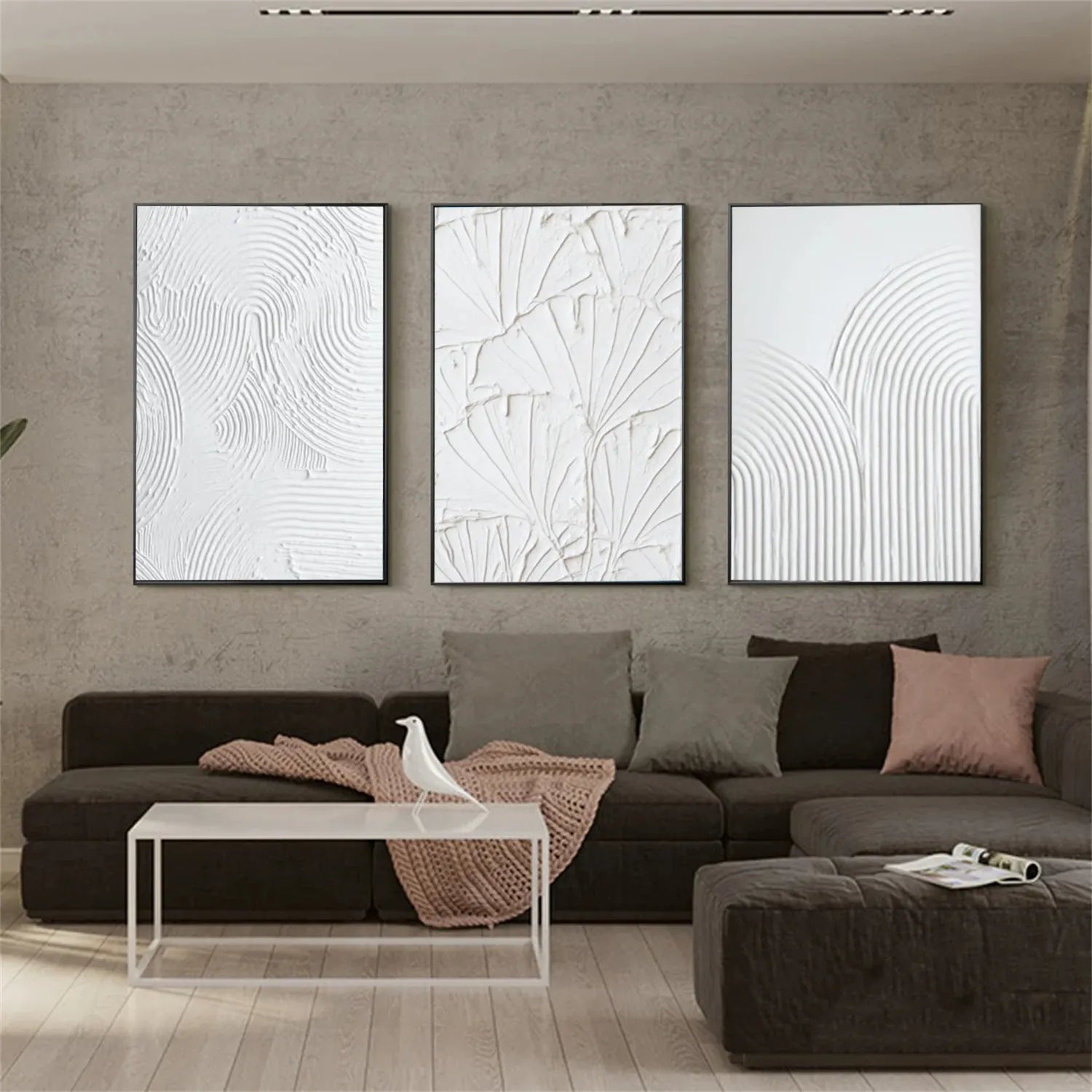 White Minimalist Textured Abstract Triptych - Modern Art #JJ 113