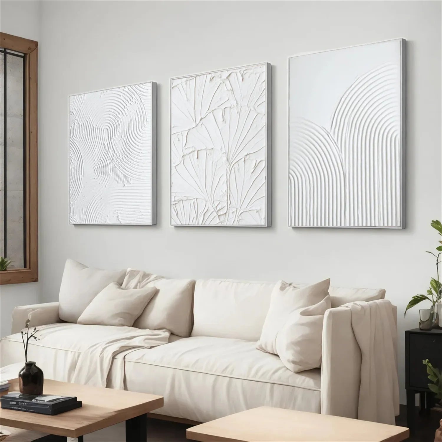 White Minimalist Textured Abstract Triptych - Modern Art #JJ 113