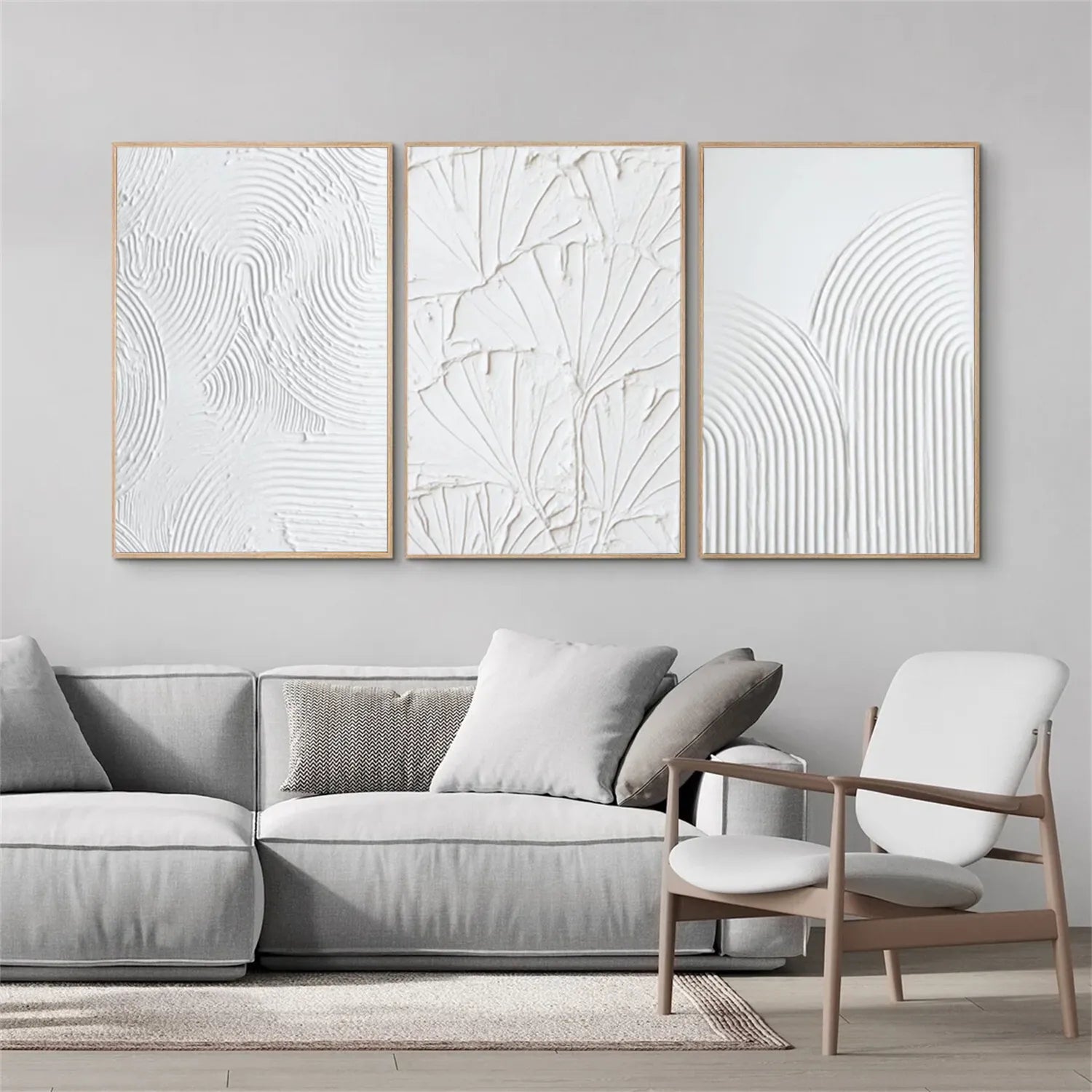 White Minimalist Textured Abstract Triptych - Modern Art #JJ 113