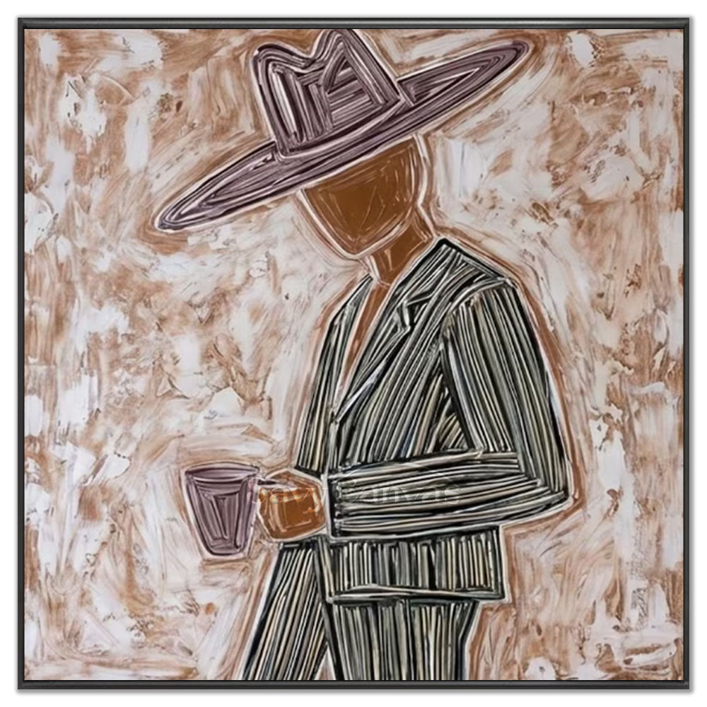 Handmade modern abstract oil painting of a cowboy in a pinstripe suit and wide-brimmed hat holding a coffee cup, rendered in thick brown and white textured impasto brushstrokes.