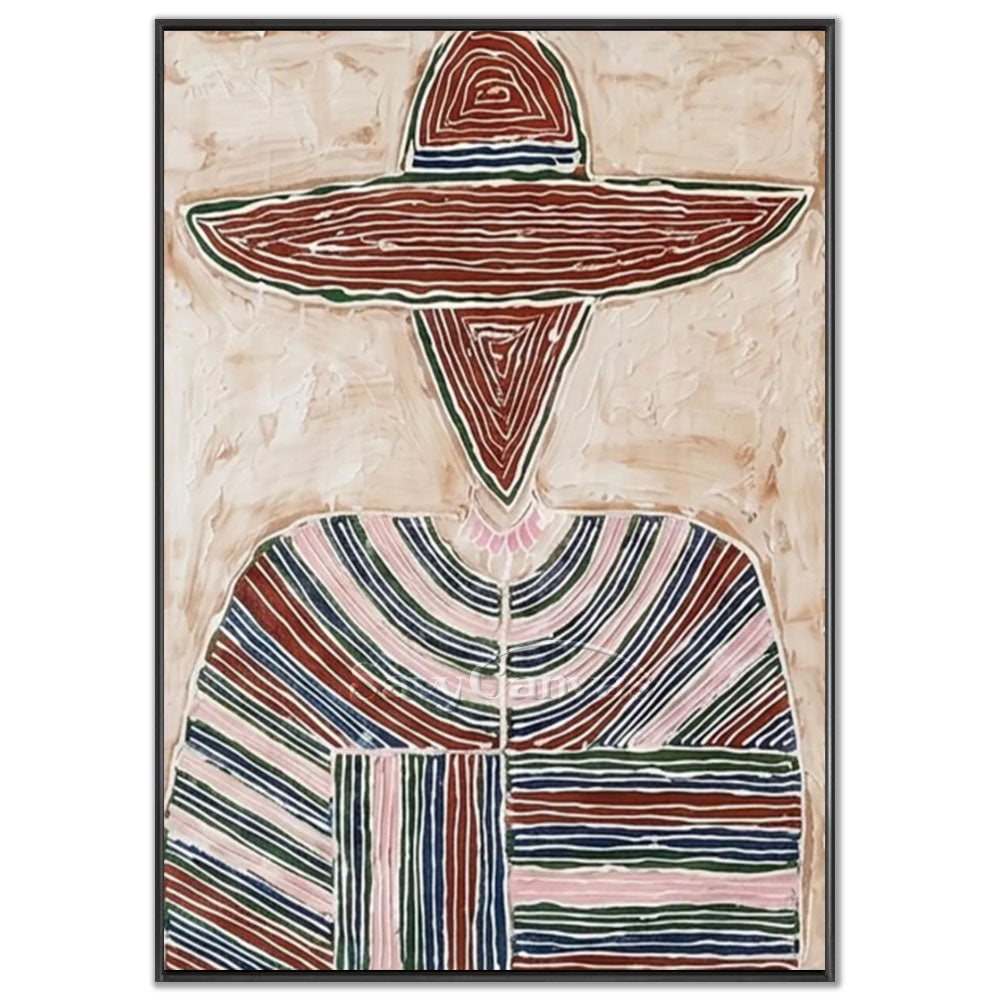 A 100% handmade modernist abstract oil painting with a heavy textured beige backdrop, depicting a minimalist portrait of a western cowboy silhouette in a wide-brimmed hat, composed entirely of concentric line patterns in terracotta, green, and pink.
