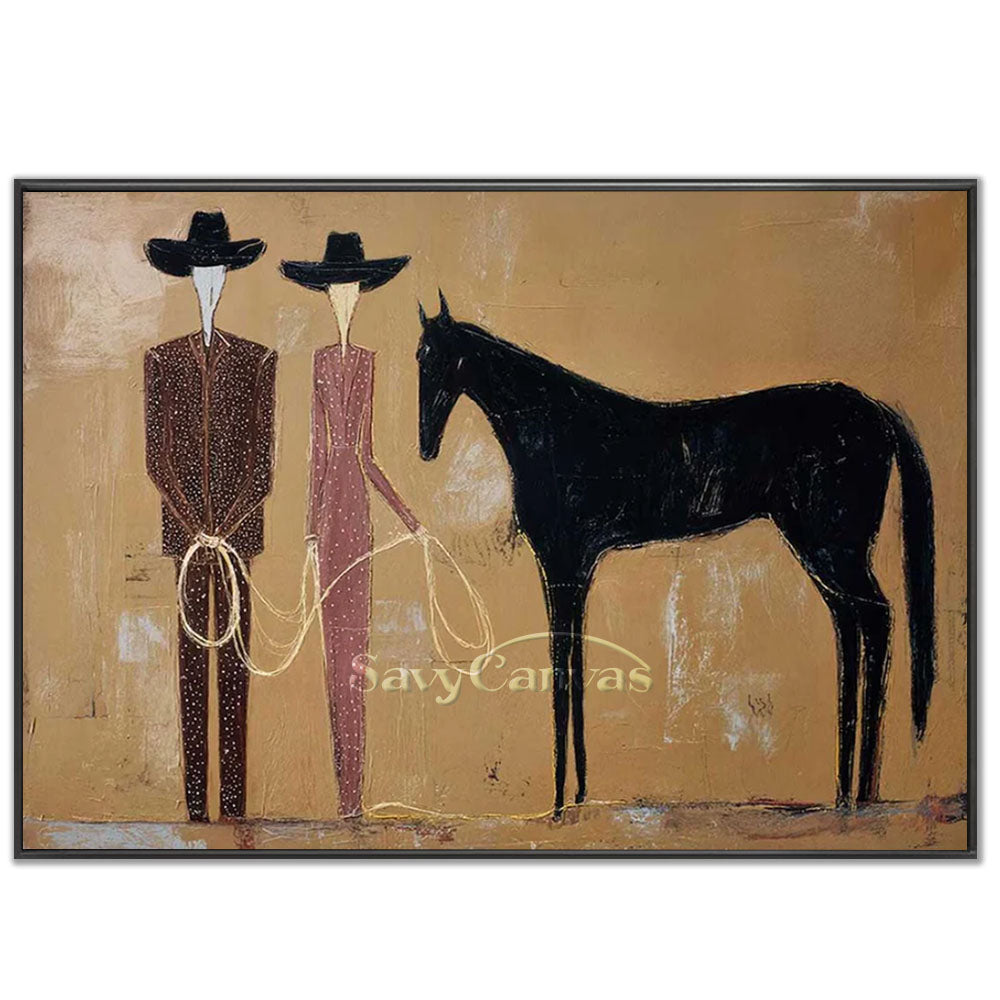 A premium 100% handmade abstract oil painting on canvas showcasing a stylized cowboy couple in patterned brown and mauve suits with wide-brimmed black hats, holding ropes alongside a sleek black horse. The artwork features a heavily textured warm beige-brown backdrop, illustrating a minimalist modern western decor style.