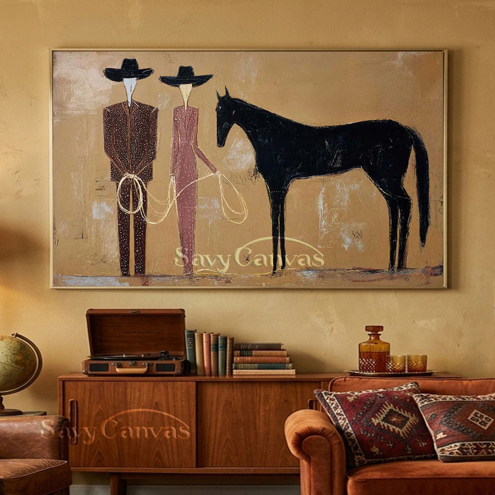 Modern Abstract Western Cowboy Handmade Oil Painting Beige Brown #ZC 023