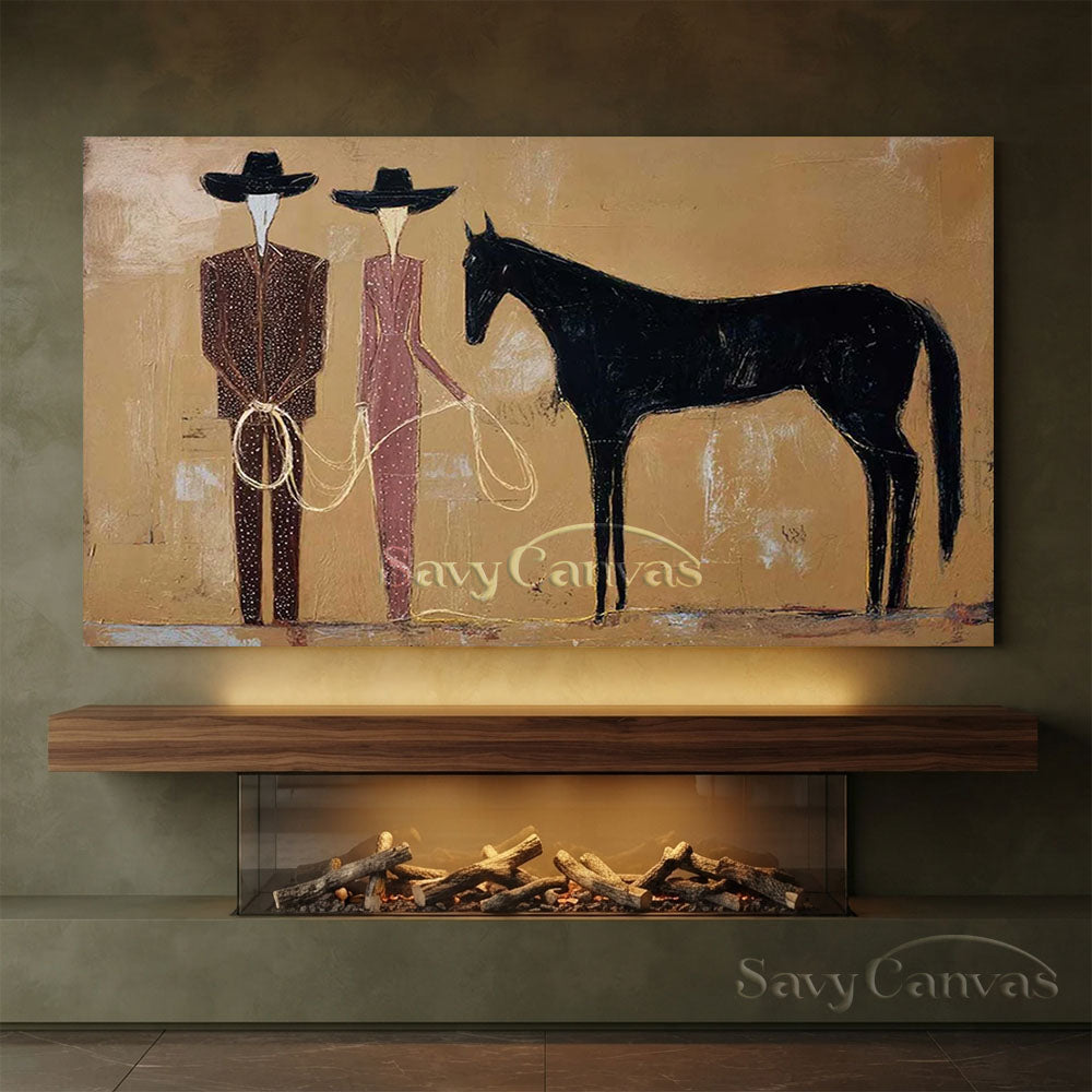 Modern Abstract Western Cowboy Handmade Oil Painting Beige Brown #ZC 023