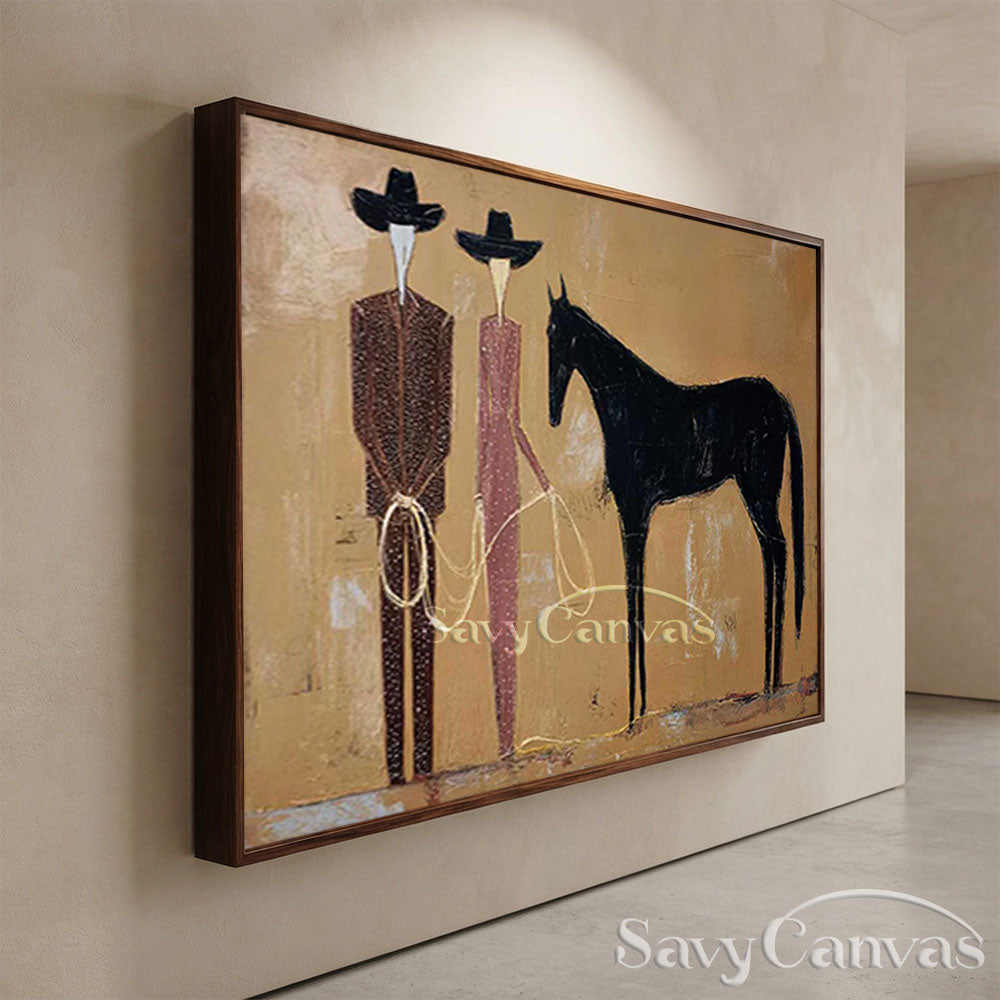 Modern Abstract Western Cowboy Handmade Oil Painting Beige Brown #ZC 023