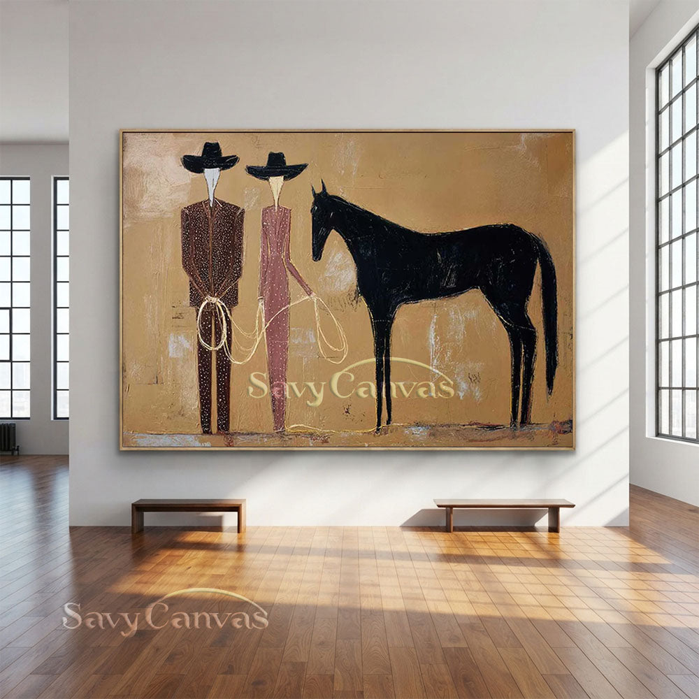 Modern Abstract Western Cowboy Handmade Oil Painting Beige Brown #ZC 023