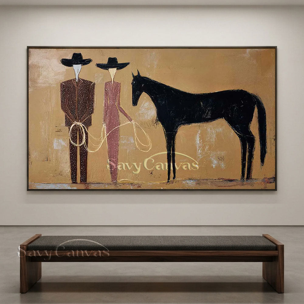 Modern Abstract Western Cowboy Handmade Oil Painting Beige Brown #ZC 023