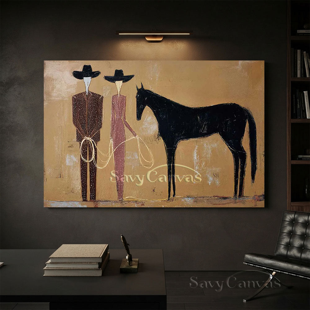 Modern Abstract Western Cowboy Handmade Oil Painting Beige Brown #ZC 023