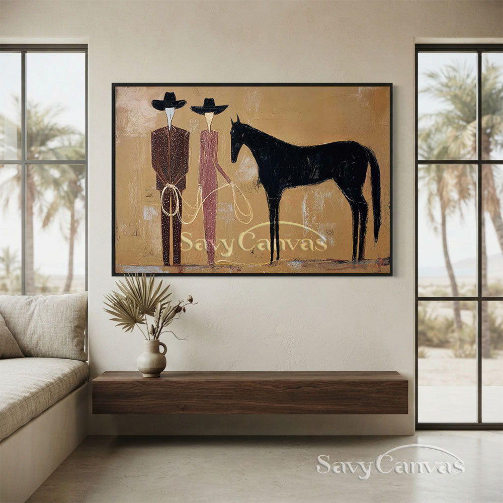Modern Abstract Western Cowboy Handmade Oil Painting Beige Brown #ZC 023