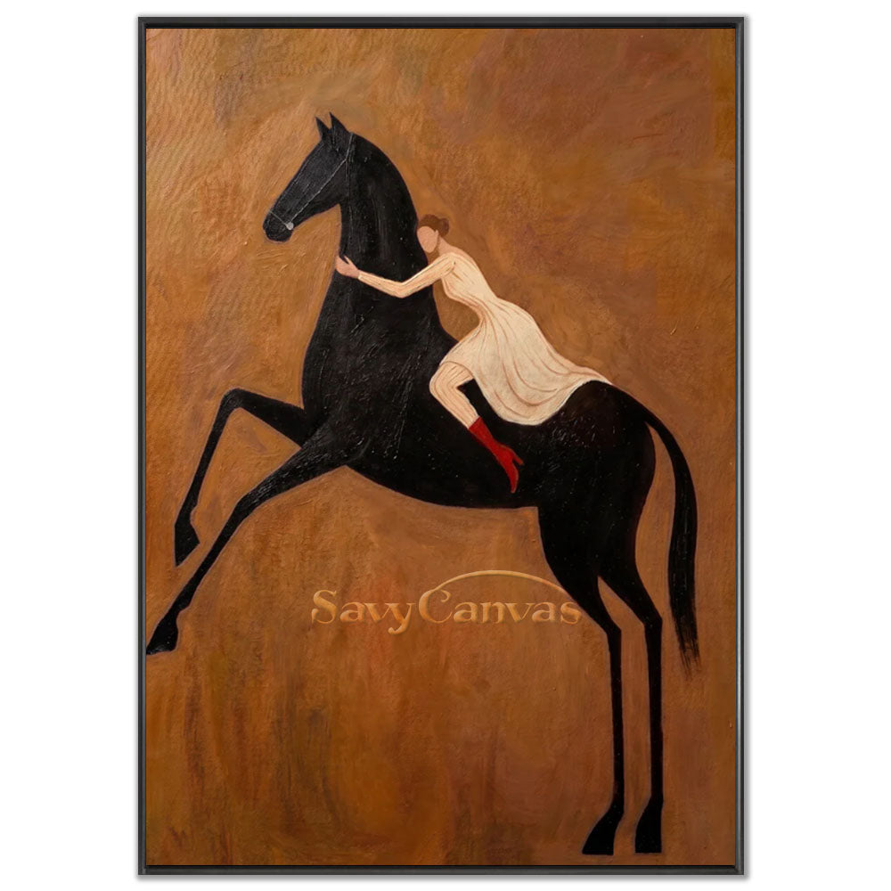A 100% handmade modernist abstract oil painting with a heavy textured earthy amber-brown background, depicting a dramatic portrait of an elegant woman with a hair bun wearing an ivory white dress and red boots, deeply embracing a powerful rearing black stallion.