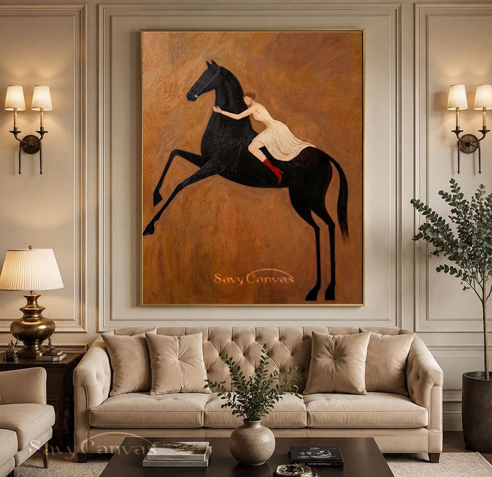 Modern Romanticism Black Horse Woman Oil Painting #SS 218