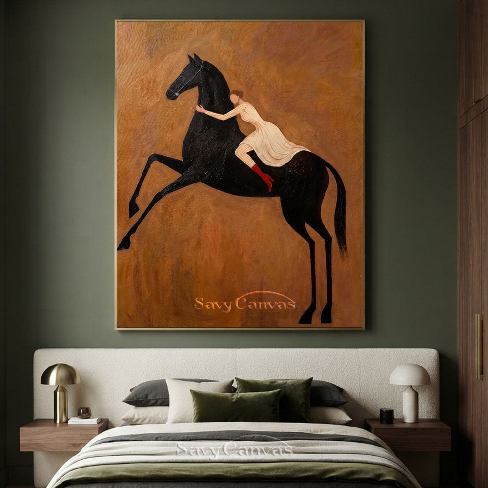 Modern Romanticism Black Horse Woman Oil Painting #SS 218