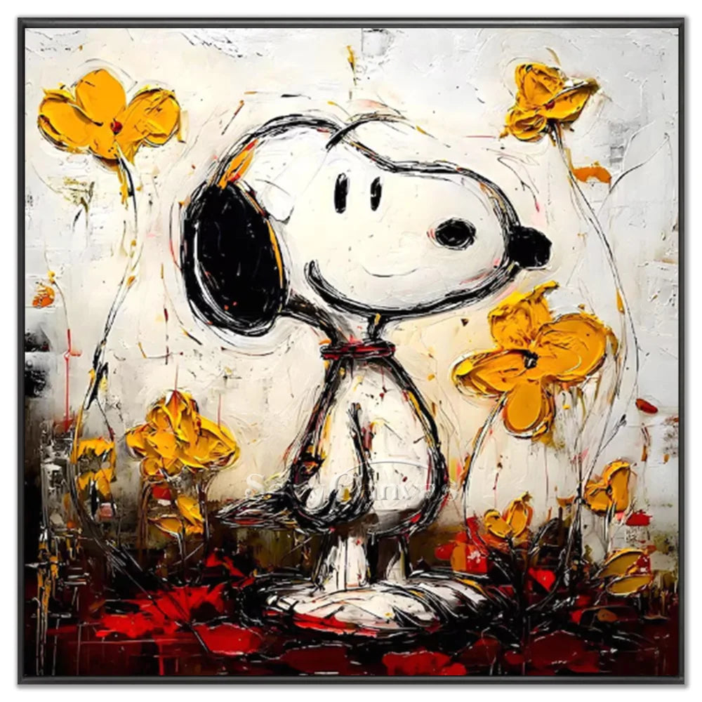 Hand-painted pop art Pollock style Snoopy and yellow flowers oil painting on canvas by Savy Canvas, featuring the iconic cartoon character surrounded by vibrant yellow floral elements against a textured street art background. Modern wall decor, ready to hang.