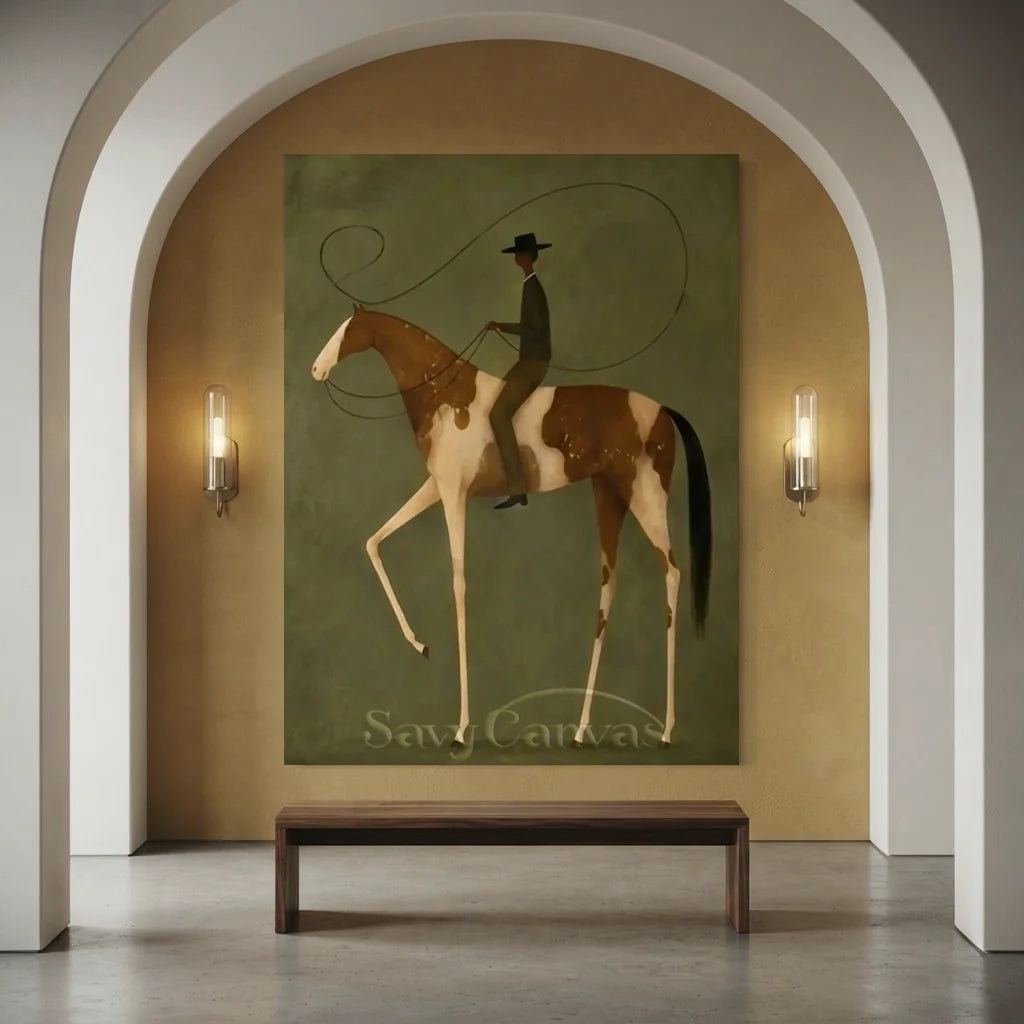100% handmade surrealism equestrian oil painting in olive green tones featuring a stylized rider on a spotted horse by Savy Canvas.