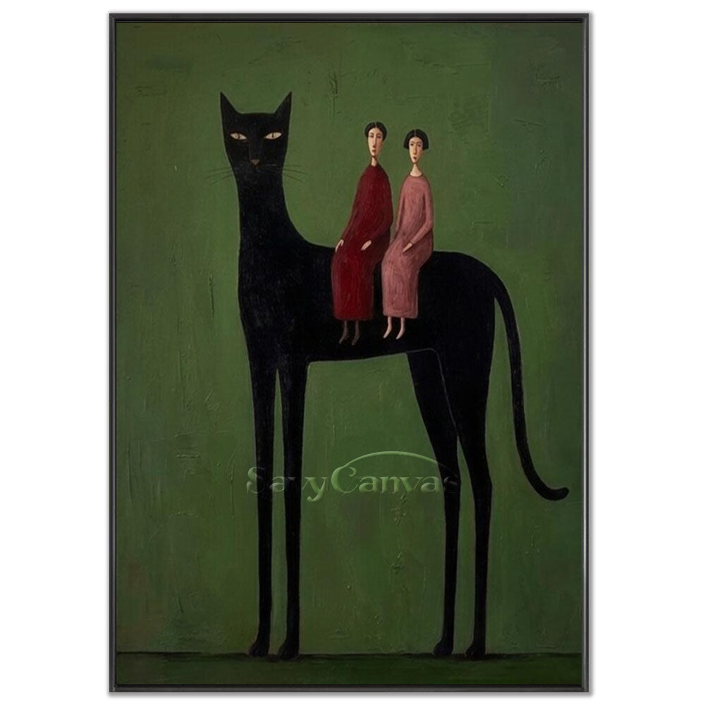 A 100% handmade surrealist abstract oil painting with a heavy textured forest green background, depicting a stylized, giant black cat with long legs, with two figures in crimson and pink dresses sitting on its back.