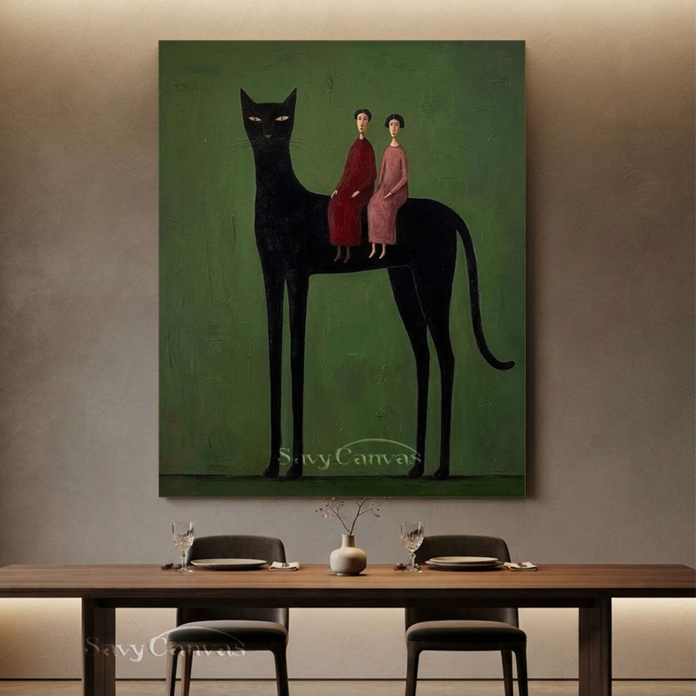 Surrealist Giant Black Cat Figures Oil Painting #SS 219