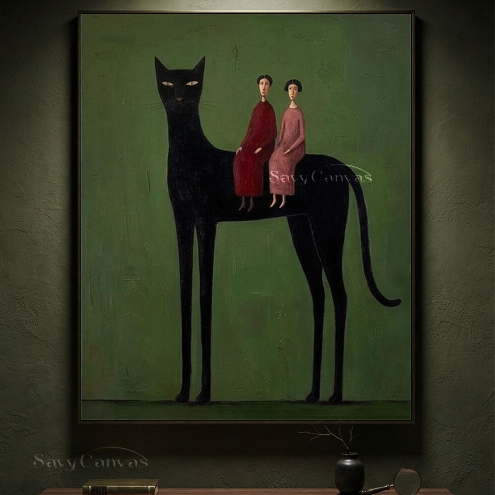 Surrealist Giant Black Cat Figures Oil Painting #SS 219