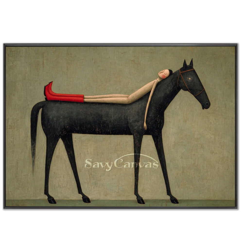 High-quality handmade abstract modern surrealist oil painting depicting a stylized woman in vibrant red boots resting along the back of an elongated black horse against a textured sage green background.