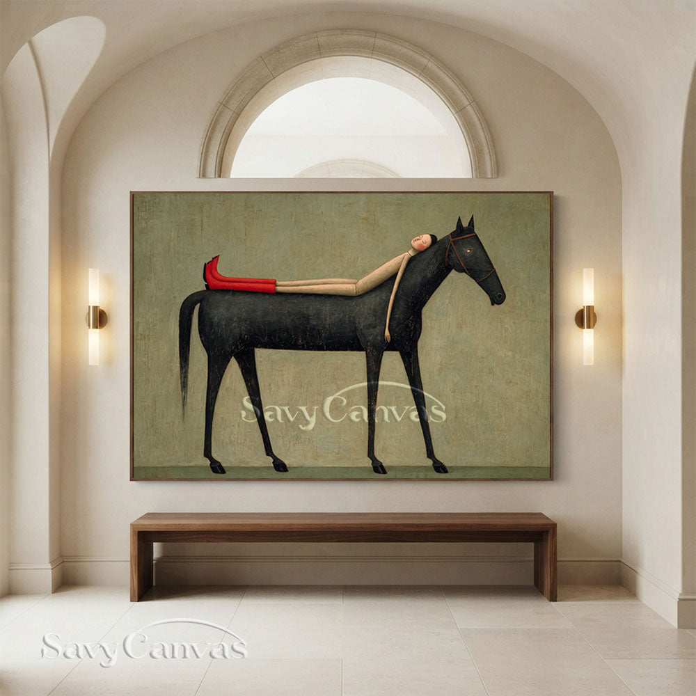 Handmade Modern Whimsical Woman and Black Horse Oil Painting #ZC 024
