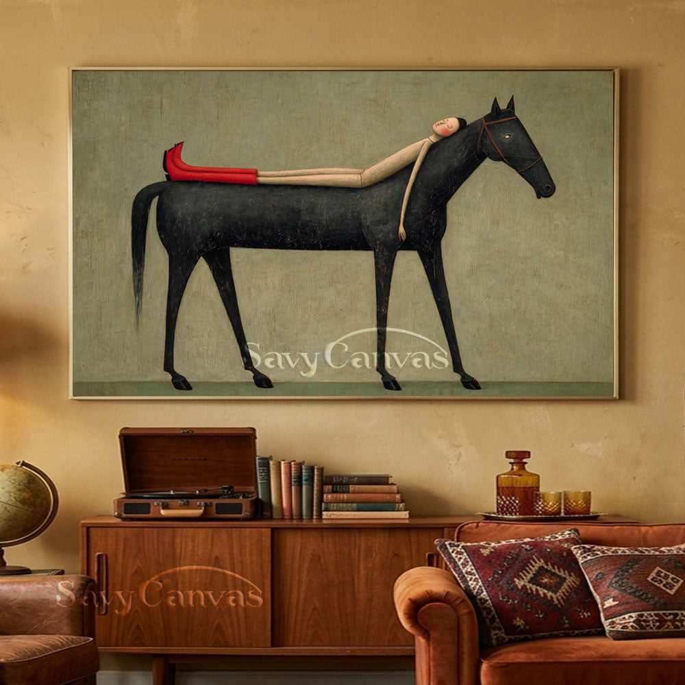 Handmade Modern Whimsical Woman and Black Horse Oil Painting #ZC 024