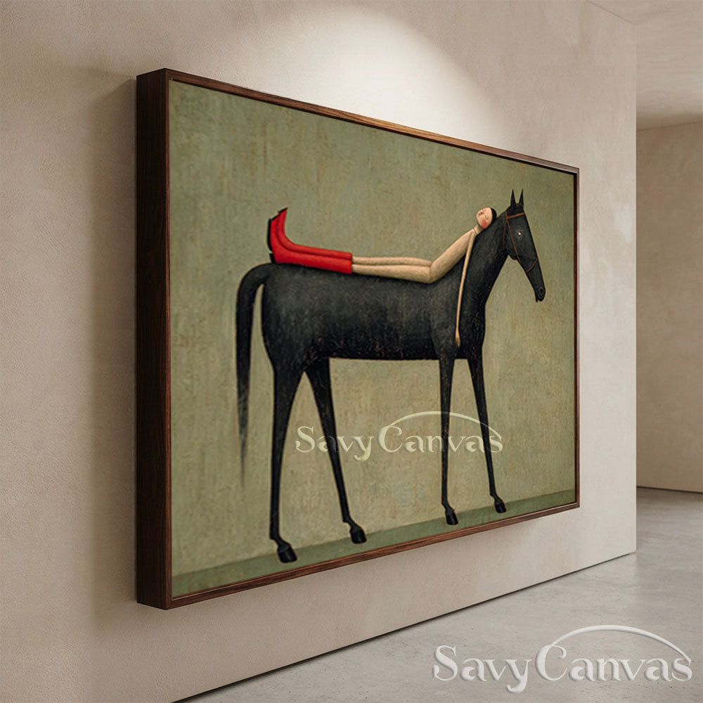 Handmade Modern Whimsical Woman and Black Horse Oil Painting #ZC 024