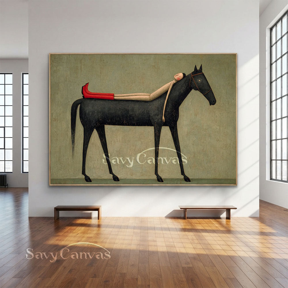 Handmade Modern Whimsical Woman and Black Horse Oil Painting #ZC 024