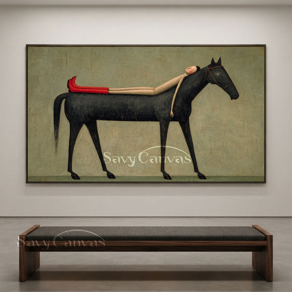 Handmade Modern Whimsical Woman and Black Horse Oil Painting #ZC 024