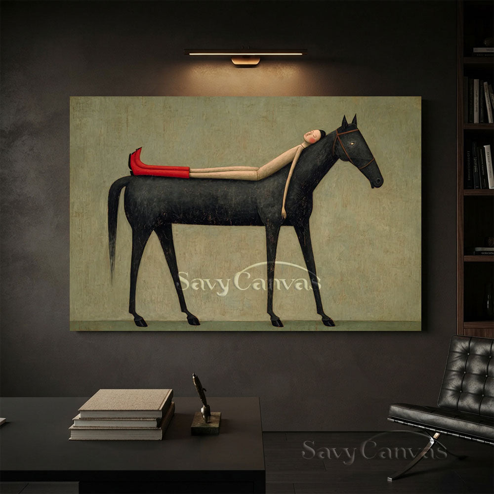 Handmade Modern Whimsical Woman and Black Horse Oil Painting #ZC 024