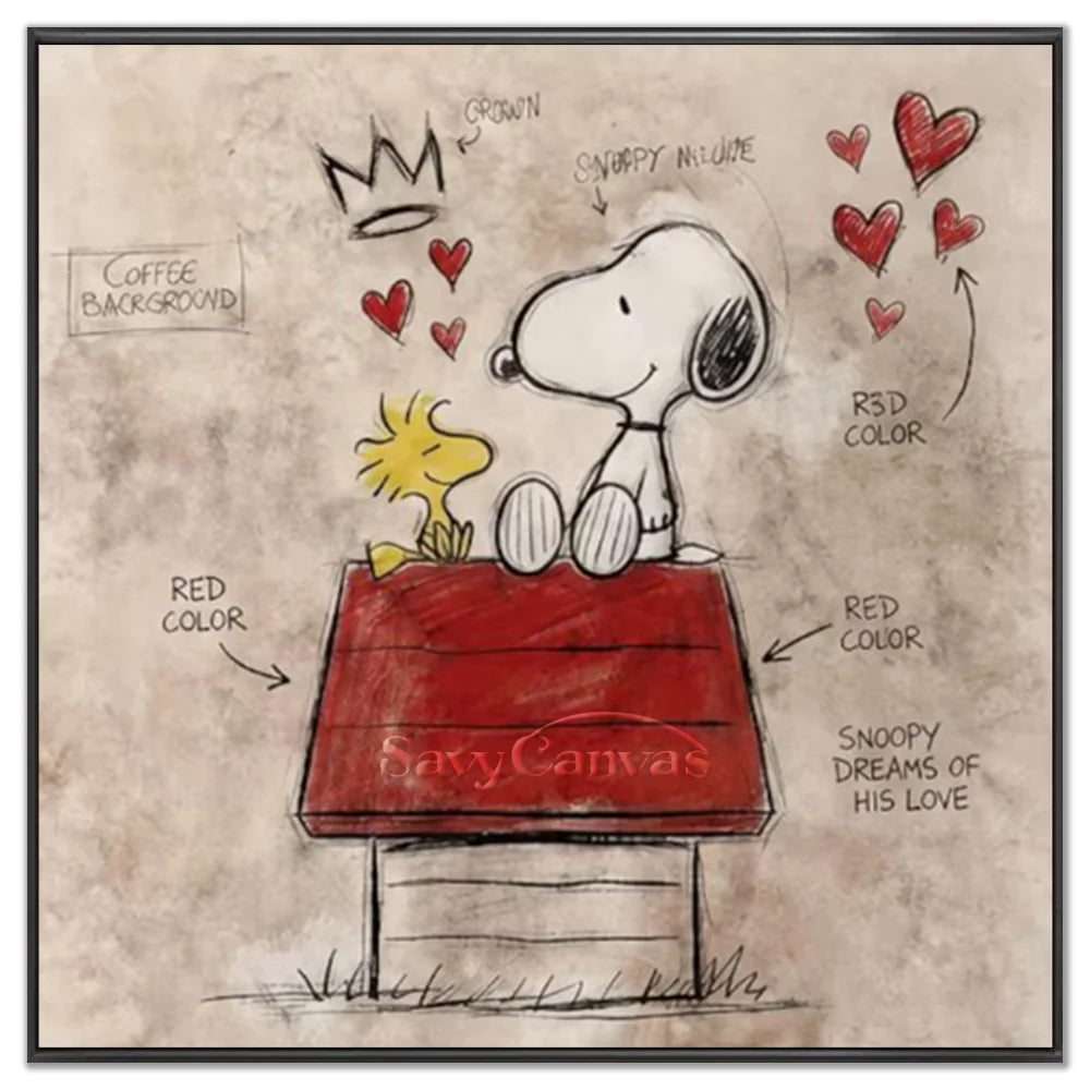 Hand-painted pop art modernism sketch Snoopy oil painting on canvas by Savy Canvas, featuring the iconic character with a crown and a red heart against a chic coffee-toned background. Urban street art wall decor, ready to hang.