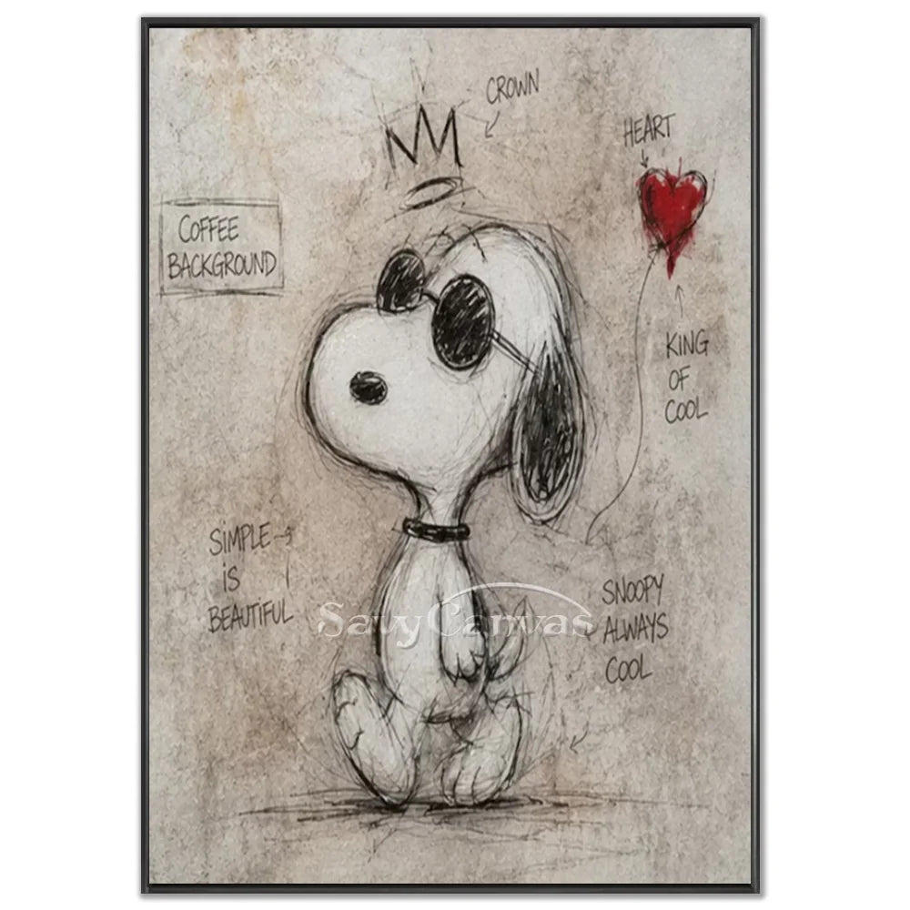 Hand-painted pop art modern graffiti Snoopy oil painting on canvas by Savy Canvas, featuring the iconic Snoopy character wearing cool sunglasses against a chic coffee-toned background. Urban street art wall decor, ready to hang.