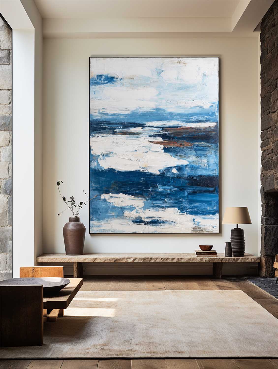 Large Blue and White Abstract Canvas Art - Textured Wall Decor #AA 309